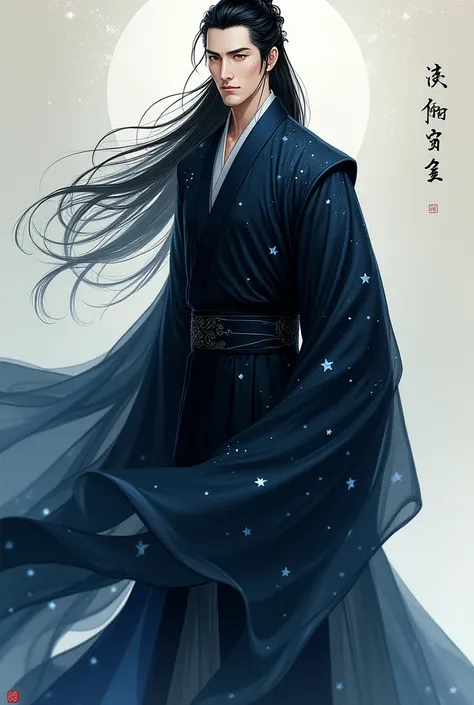 Create a full-body portrait of a mature, elegant man in the Gongbi style of traditional Chinese painting with Donghua aesthetics. He exudes cold, unapproachable beauty and regal authority. His narrow, jet-black eyes are sharp and slightly upturned, with a ...