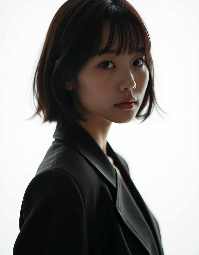  A young Japanese woman ,　Latest Fashion,　whole body、 white background 、Strong light from the left、 short hair、 straight hair、 facing the front