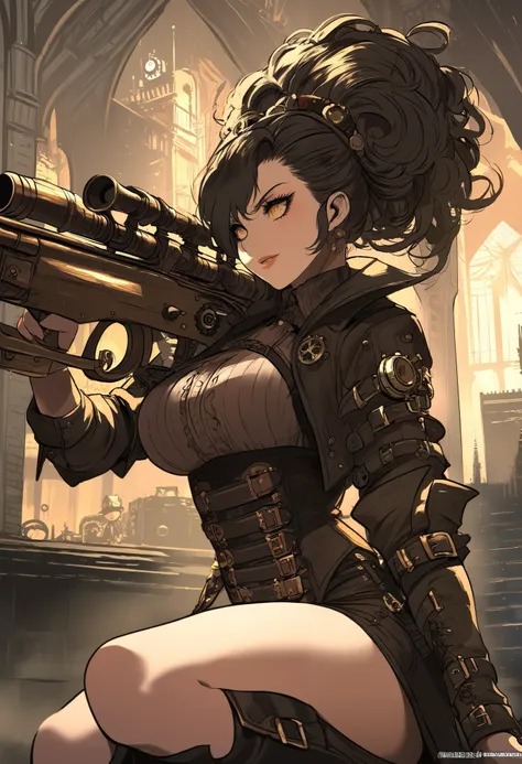 very large neckline,,Yoji Shinkawa art style,,darkest dungeon style art, dark souls style art,,epic atmosphere, saturate colors,a sexy steampunk with a aiming kneeling from the top of a ledge with long steampunk sniper, very short skirt, steampunk city,,se...