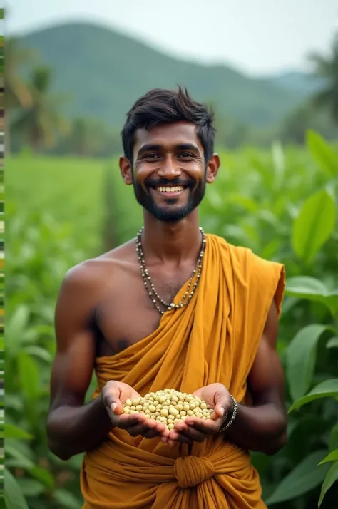 Young and fair looking Kerala farmer in mundu smiling with cardamom in his hands