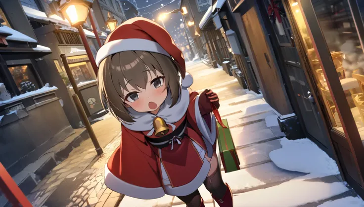 1girl,loli,short hair,black eyes,santa_costume,japanese_clothes,boots,gloves,santa_hat,bell,naughty_face,sleepy,yawning,leaning_forward,holding_gift,highres,incredibly absurdres,in winter,street,city,street lamp,cake,peeking_out,dynamic_angle,