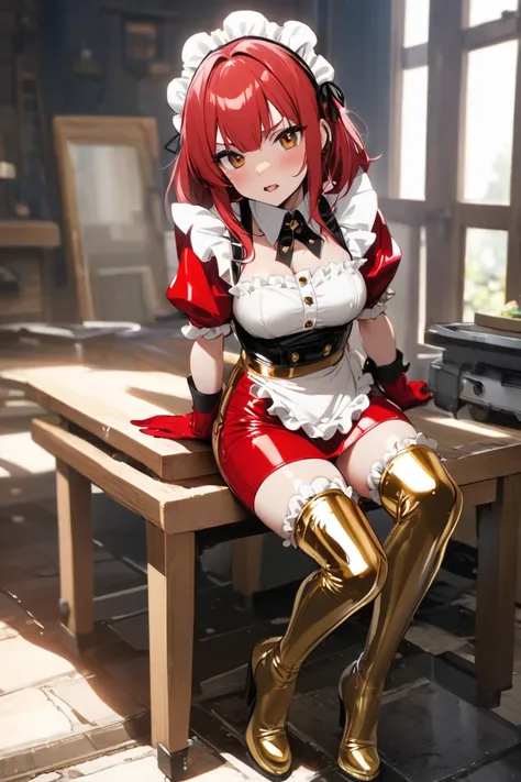 Latex Maid wearing gold and red gloves and boots 