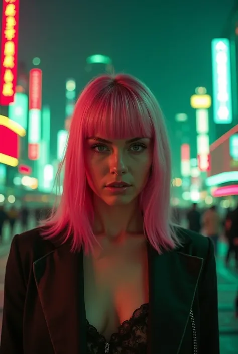 the photograph a woman with straight pink hair and bangs, walking in a city with green and red neon lights, strong facial expression, monumental views, associated press