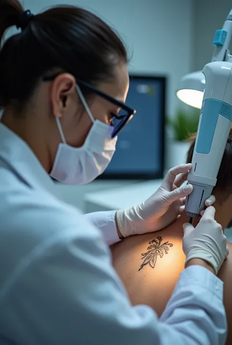  Removing a clients back tattoo with laser technology,  professional that removes with a protective mouth mask , protective dark glasses and lab coat .   