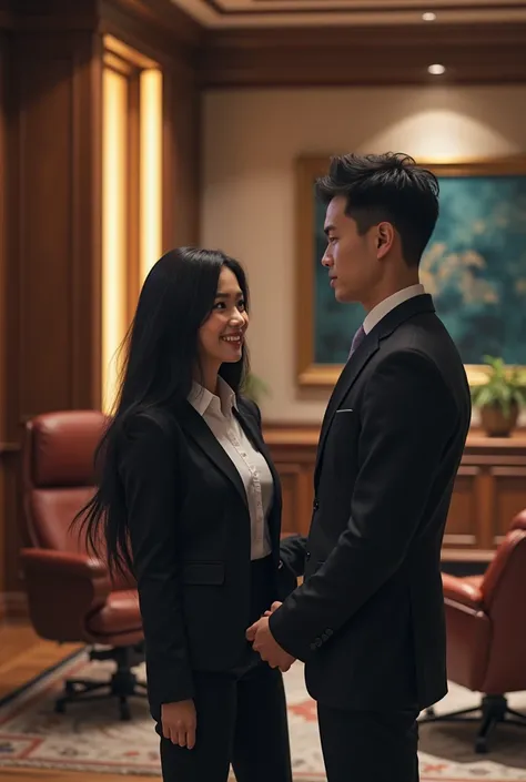 The main character talks to a woman with long black hair in professional clothes., the woman is smiling and the picture is nice, in five luxurious offices