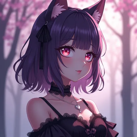 An anime-style female cat person with sleek, shoulder-length hair in deep purple hues, accented with subtle pink streaks. She faces slightly to the left, her feline ears perked elegantly, and her confident yet introspective gaze seems to lock onto somethin...