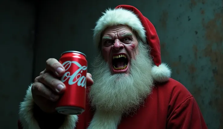 Sinister Santa Claus with an open smile holding a Coca-Cola