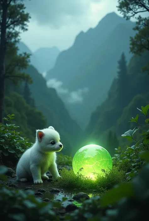  Vertical image depicting a dense green forest with many trees with rain-colored mountains on a huge tree fill  ,with overcast sky ,. In the foreground,  a curious looking white srigala baby stares at a flaming green crystal ball that exudes a green aura o...