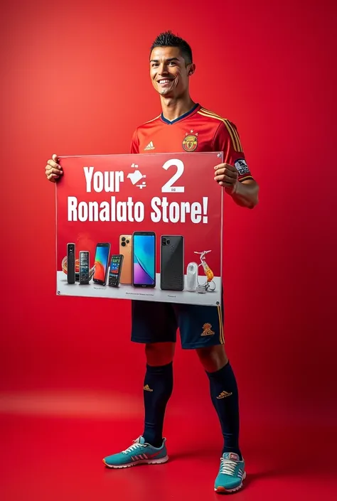 Christano Ronaldo Showing poster of my mobile phone shop and motivate people to buy the mobile from Shop. Christano must wear a Al Nasser jursey.My mobile shop name is O2 Digital Store. My Shop Main Name Board Background Red and Letter colour White.My shop...