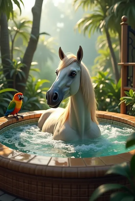 homosexual horse bathing in a jacuzzi surrounded by nature and a parrot