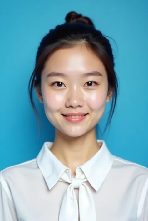 Make this girl take a picture that looks like an ID photo , so we can see her whole face very well，Eyes looking at the camera，Front view，Blue background， A person wearing a white shirt ，Tie the neckline ， blue background， HD，Frontal shot，No shadow，One inch...