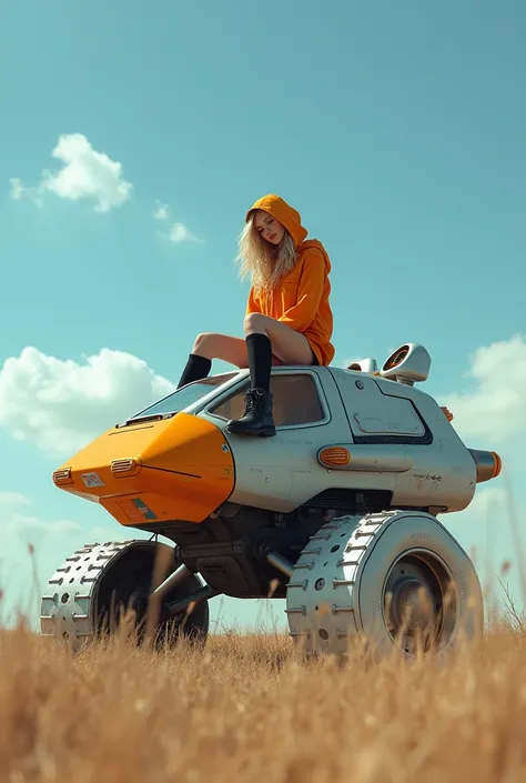 UHD 8K High Detail Photo This is a high-resolution photo showing A futuristic scene A young woman with long blonde hair sits atop a large, futuristic robotic vehicle. She wears an orange hooded jacket and black knee-high boots, while the robot features a b...