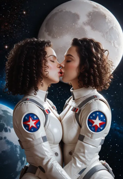 adult woman, in space, tight spacesuit, (((woman kissing the moon))), (touching lips to moon), (solo), (alone), moon object, (1 woman), galaxy, (very curly hair), night sky, starry sky, moon, (pretty face), curly black hair, closed eyes, kissing the moon, ...