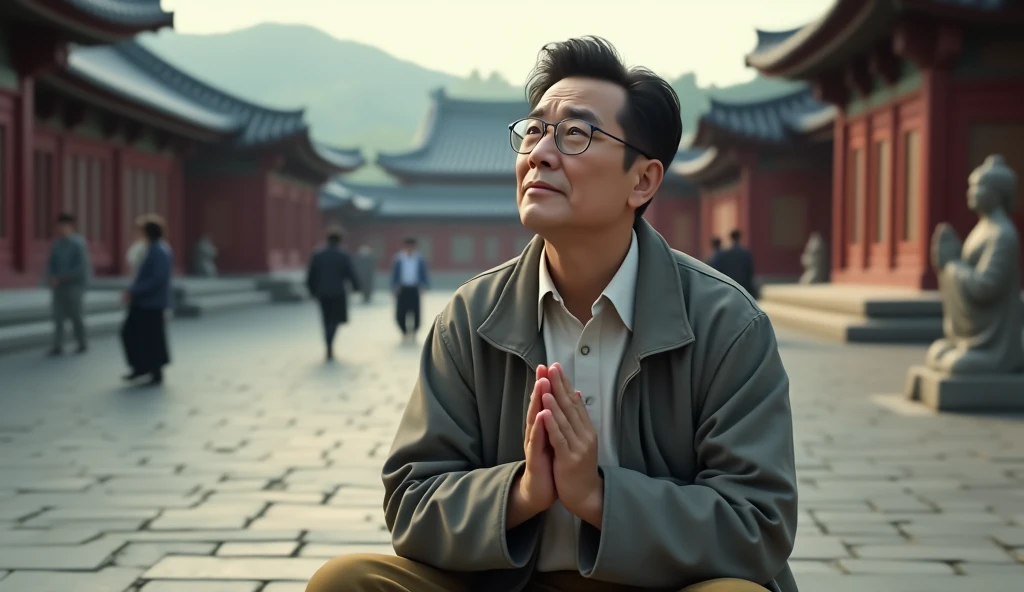 Give me a middle-aged Korean man with glasses sitting in a square with a pensive face and praying on the right side and near the image