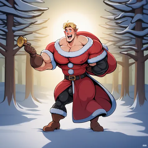 best quality, masterpiece, extremely detailed, muscular bodybuilder Santa Clause, rugged windswept hair, sweaty, wearing a crystal, wearing a tight Santa suit, hypnotizing elves to grow into big dumb jock elves as their muscles begin to strain against thei...