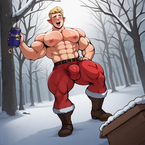 best quality, masterpiece, extremely detailed, muscular bodybuilder Santa Clause, rugged windswept hair, sweaty, wearing a crystal, wearing a tight Santa suit, hypnotizing elves to grow into big dumb jock elves as their muscles begin to strain against thei...