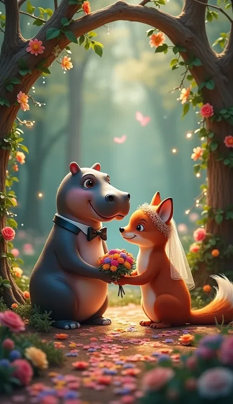  An enchanting scene of a hippopotamus marrying a beautiful fox in a magical setting.  The hippopotamus is wearing an elegant bow tie ,  while the fox is adorned with colorful flowers on her head and a delicate veil .  The setting is a magical forest illum...