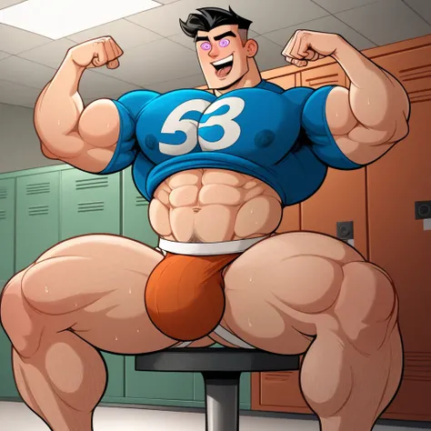 best quality, masterpiece, extremely detailed, Danny Fenton from Danny Phantom, Danny as a muscular bodybuilder man standing in line with other muscular bodybuilder men, rugged windswept hair, sweaty, glistening skin, wearing a crystal, sexy jockstrap, wea...