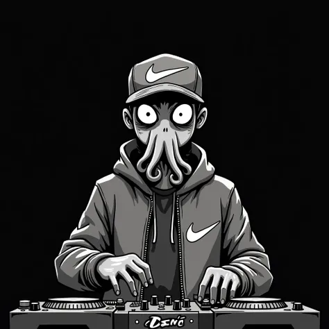 image in style  " old school cartoon ",  in black and white .  The background is completely black .  in the center there is a human that appears from the torso upwards.  he has a closed Nike jacket ,  a cap also Nike and you can see the logo on the cap and...