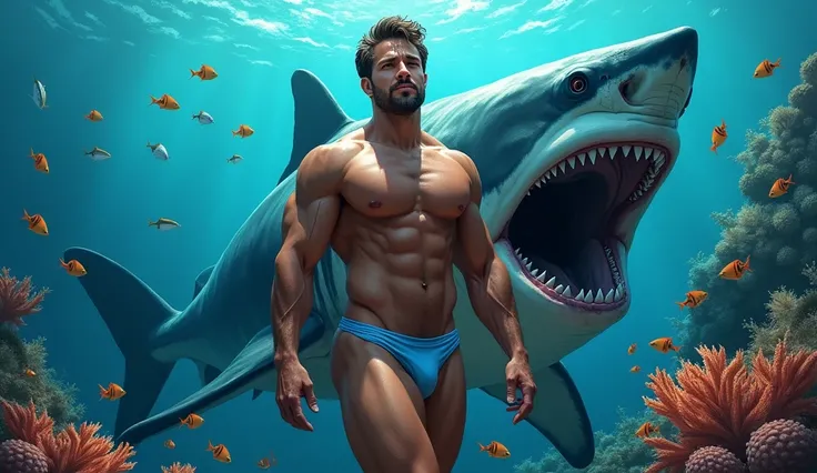 1 very attractive man in revealing tight sexy speedo making the crotch look bigger prominent bulge,male focus,  underwater full body view  from front view smilling at us just over corale full of colorful fish,   a giant Megalodon open mouth wide just behin...