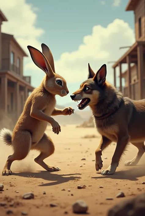 An Old West rabbit fighting with an Old West dog