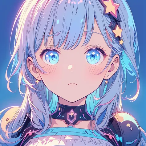 1girl, pretty face、Baby Face、((( Dynamic Best Composition 、 top quality、 Masterpiece、 super detailed 、 high definition、 best detail)))、Star Fairy、 Cyberpunk、 simple background、Kawaii Tech