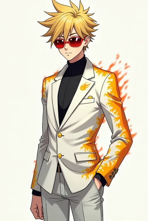 Anime boy, with a white gakuran and a black shirt underneath. Buttoned up with yellow buttons. And fire pattern on the gakuran that looks orange and yellow. He also has spiky blonde hair with a pair of dark red futuristic glasses. And a pair of white dress...