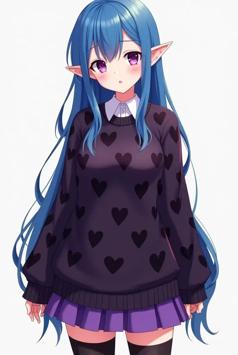 She styled anime adult women ,With long hair color bright blue and with locks in the front, Elf ears, with bright purple eyes, she looks older like about 19 years old, with a wide dark purple sweater with a design of some black hearts and a purple skirt,an...