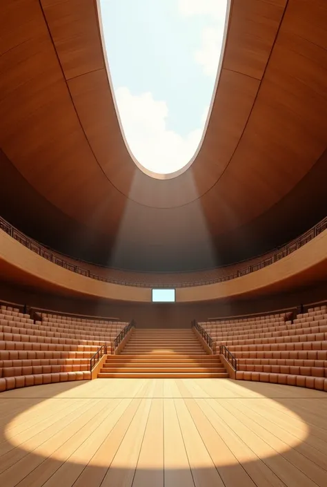 Auditorium
with wood-colored roof in the shape of a wave rises and falls horizontally
Platform wall in two tones on the sides light and in the dark center 
 a small TV screen in the center on the top 
A step on the platform
Wood-colored floor