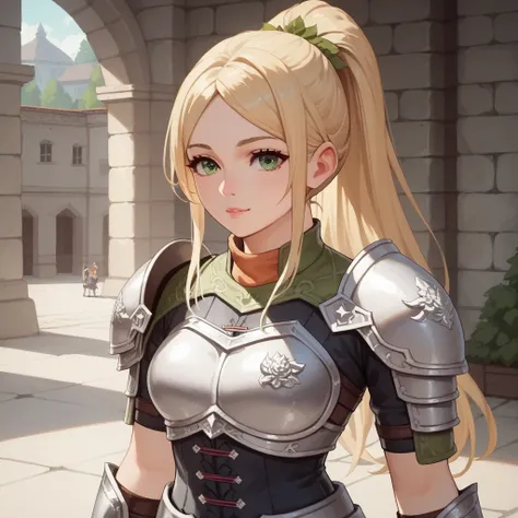  score_9, score_8_up, score_7_up, score_6_up, score_5_up, score_4_up, 1girl, blonde hair, long hair, ponytail, green eyes, Partial armor,  cute、Archers