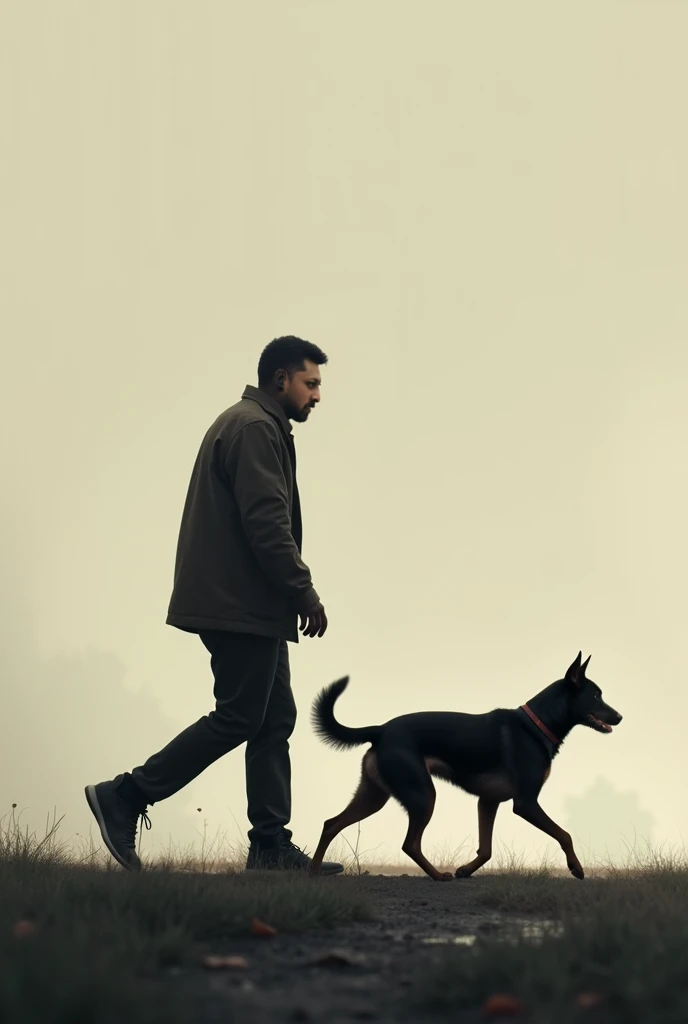 Image of a person moving away from a dog 
That the image is in profile