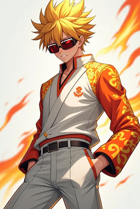 Anime boy, with a white gakuran with yellow buttons. And fire pattern on the gakuran that looks orange and yellow. He also has spiky blonde hair with a pair of dark red futuristic glasses. And a pair of white dress pants