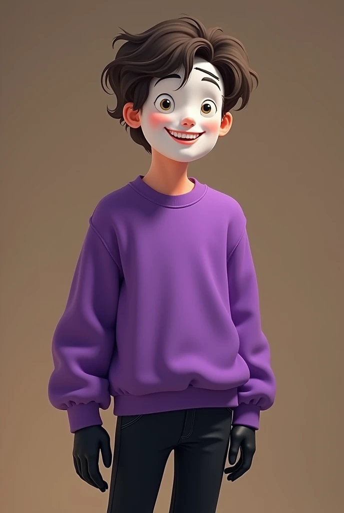 18-year-old teenager wearing a purple sweatshirt and black pants and a white mask made of blastic fabric with a happy and friendly smile and black leather gloves with a celluloid animation style from the 1930s