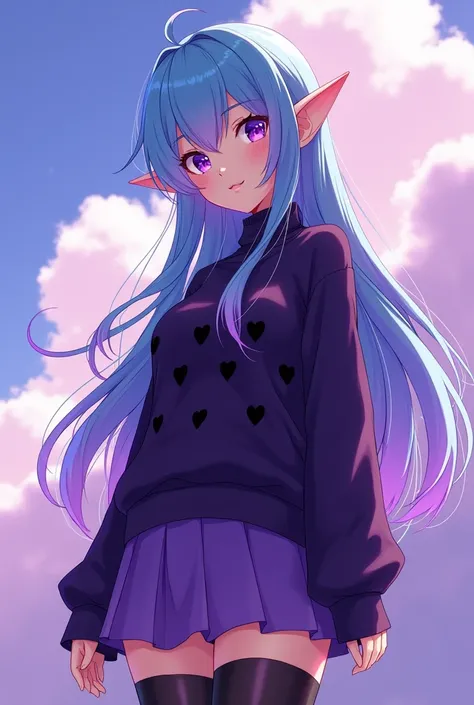 She styled anime adult women ,With long hair color bright sky with purple tips and with locks in front, Elf ears, with bright purple eyes, she looks older like about 19 years old, with a wide dark purple sweater with a design of some black hearts and a pur...