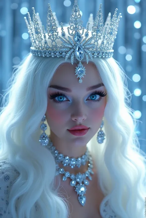 Cruella disney as the ice queen,Long Hair, Earrings, Blue eyes, Framed, all diamond, white long hair, head jewelry, crown jewelry, shining diamond star