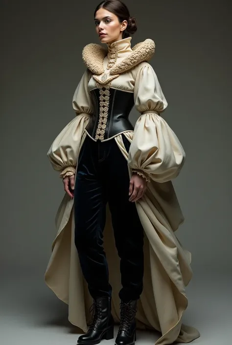 A seashell silk cascade collar button down shirt with peasant sleeves with a black waist corset and black velvet straight waist high waist hugging pants paired with black leather calf high boots 