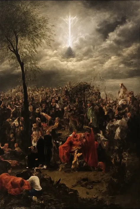 ( best quality ) ( Renaissance art ) The Day of Wrath ,  a man shines from the sky ,  its not possible to see his face because its shining ,  thundering skies ,  heavy clouds and ashes,  people afraid 