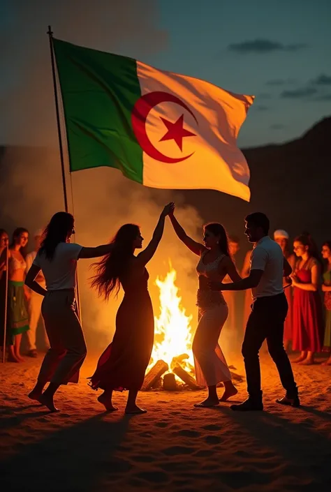 Bouger comme le feu des hommes et des femmes dansent avec un feu de camp le drapeau algérien de couleur vert blanc croissant de lune Étoile 5 branches rouges.