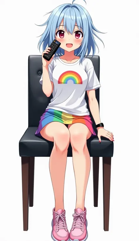 Japanese teenage anime woman with messy medium-long light blue hair and red eyes and pink nails and wearing a white t-shirt, short sleeves with a rainbow logo in the middle of her chest and a black watch, and wears a horizontal rainbow skirt and also a pin...