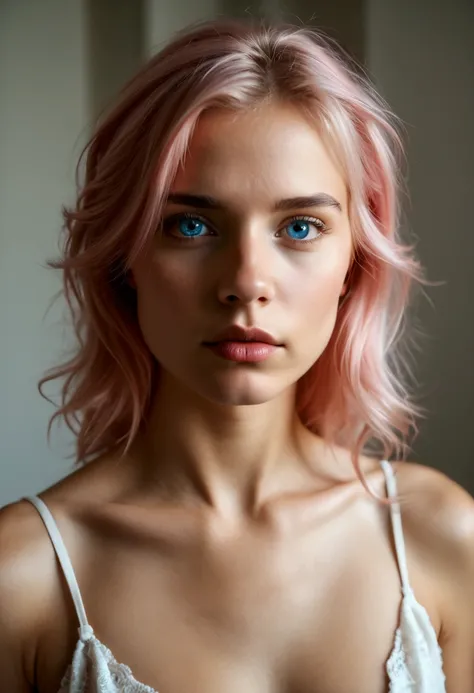 photorealistic girl with latin features, pink hair, blue eyes, no muscles, looking straight ahead, neutral pose, semi-open eyes, semi-open lips, (best quality,4k,8k,highres,masterpiece:1.2),ultra-detailed,(realistic,photorealistic,photo-realistic:1.37),bea...