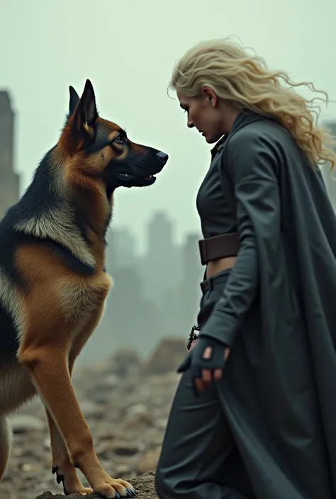 A German shepherd dog STRUGGLING with her incredible powers against a blonde human 
