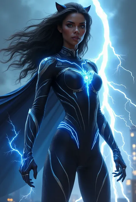 I need you to make a female superhero whose power is the storm, your costume is going to be that of a black panther.