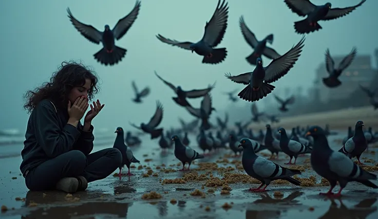 The dynamic movements of the pigeons, the pigeons are crazy, the pigeons are pooping on the floor, their wings are broken and there is a mess, a  is crying next to them, the time is 21:00 in the evening, the background is the beach, high quality, high defi...