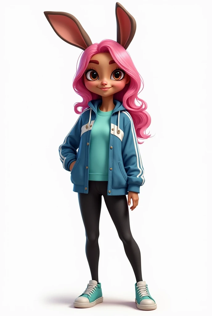 ANGIE Bunny hair the black dye pink a skin like a human the skin is a chocolate color and my eyes a brown color a blue jacket with white stripes and an aquamarine shirt and black pants and tights and sneakers