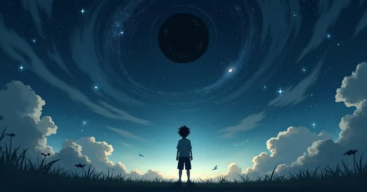 Stars of the solar system. Expression of the loneliness of the universe. A boy. In the style of Japanese Anime.