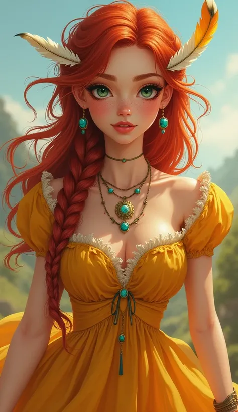 Theiselle is a 32-year-old human woman with a petite, slender build (1.60m) and long, flowing fiery red hair styled in soft waves with playful, intricate braids. Her facial features are inspired by Karen Gillan—realistic, youthful, and striking—featuring a...