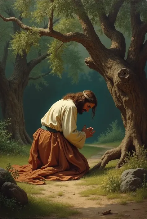 Jesus prostrates himself on the ground in the Garden of Gethsemane