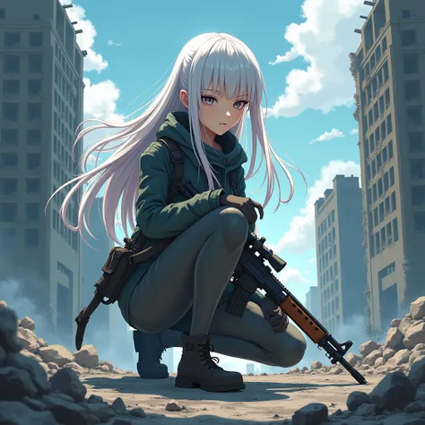  animated picture. A very pretty beautiful girl . Long white hair .  Outfit like an Apocalypse survivor .  holding a rifle in her hand and wearing a sword in her waist dance.  Surrounding background like a broken city .  is kneeling on one knee and looking...