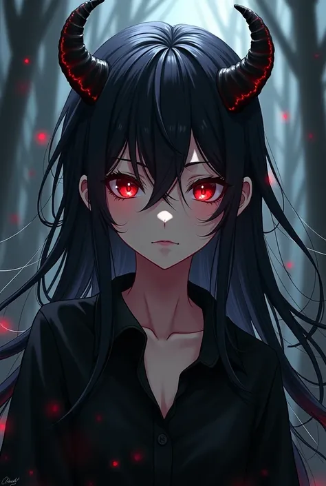 boy anime, with long black hair, With demon horns, and black clothes,  with red eyes  