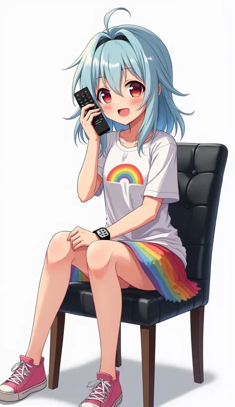 Japanese teenage anime woman with messy medium-long light blue hair and red eyes and pink nails and wearing a white t-shirt, short sleeves with a rainbow logo in the middle of her chest and with a black watch, and wears a horizontal rainbow skirt and also ...